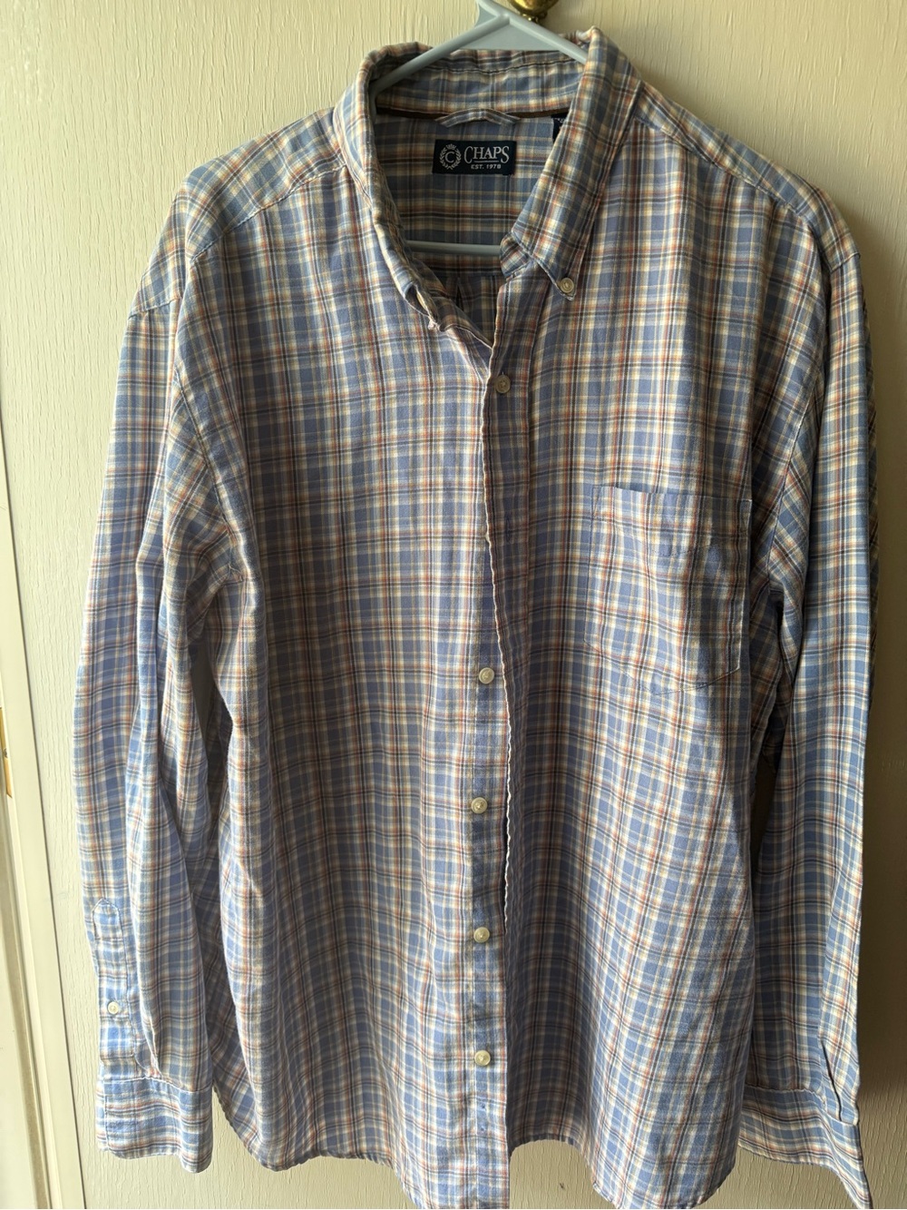 Chaps Men's Blue and Tan Plaid Button-Down Shirt